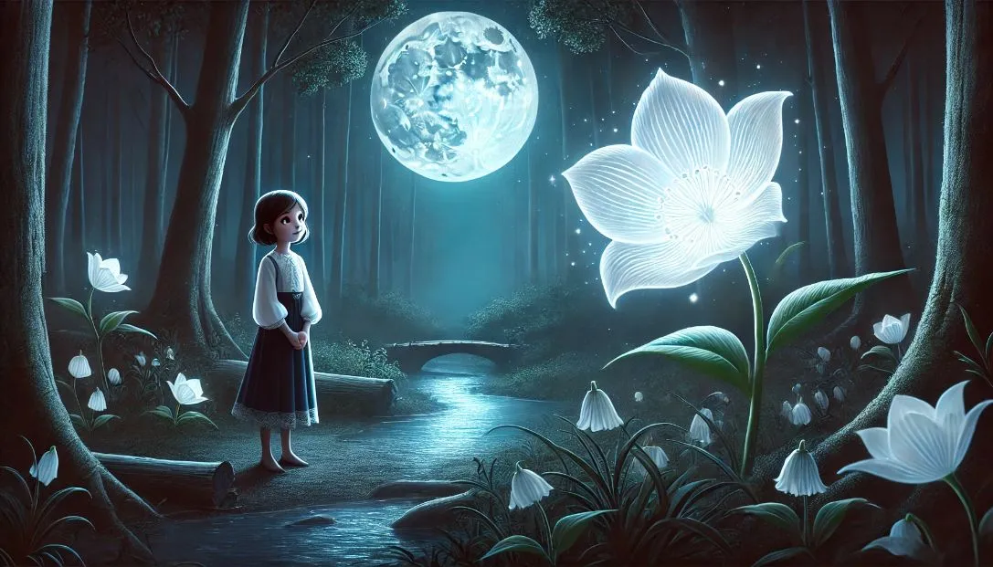 A young girl named Luna stands in a moonlit forest clearing, gazing in awe at a glowing Moonflower with shimmering white petals. The scene is serene and magical, with the full moon casting gentle light over the trees and stream.