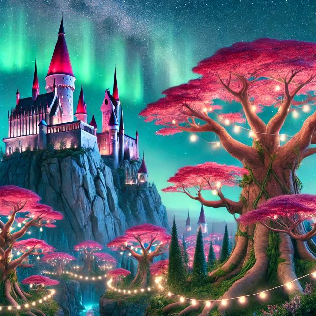 A whimsical castle with red-roofed towers perched on a cliff under a starry sky with the aurora borealis. The foreground features ancient trees with pink foliage and twinkling fairy lights, creating a magical ambiance.