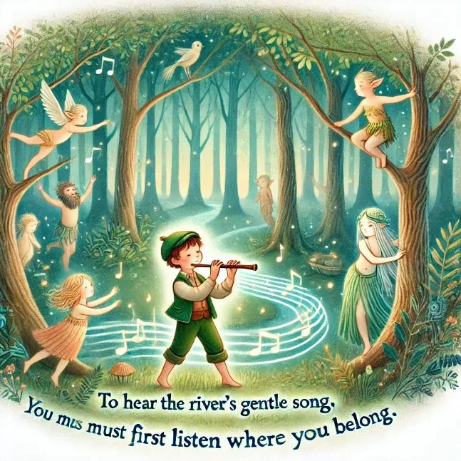 An enchanted woods with playful forest spirits dancing among the trees. Young musician Kael stands in the center, playing his flute, surrounded by a magical aura. The quote 'To hear the river’s gentle song, you must first listen where you belong'