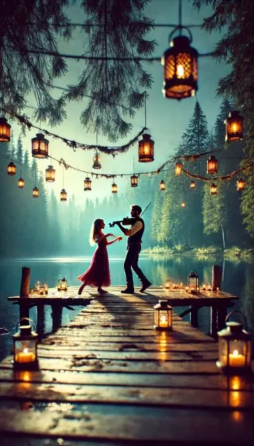 Elara and Adrian, a young woman and a man, dance on a wooden pier at Lover's Glade under hanging lanterns. The forest and lake create a magical backdrop, with reflections of the couple and lanterns dancing on the water.