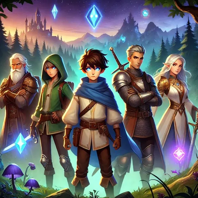 The main characters of "The Crystal of Aeloria" - a young seer, a skilled ranger, a brave knight, and a talented mage, ready for their journey with an enchanted forest and mystical mountains in the background.