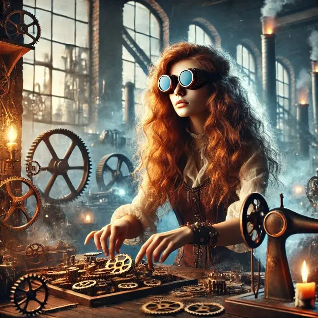 A young female inventor with wild auburn hair, wearing steampunk goggles, working on glowing ancient cogs in a cluttered workshop filled with mechanical parts and steam-powered devices.