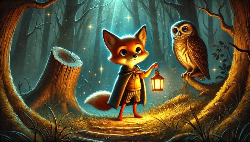 A brave little fox named Finn stands in a magical clearing at night, bathed in the warm glow of an enchanted lantern. The forest around him is dimly lit, and a wise old owl named Orin