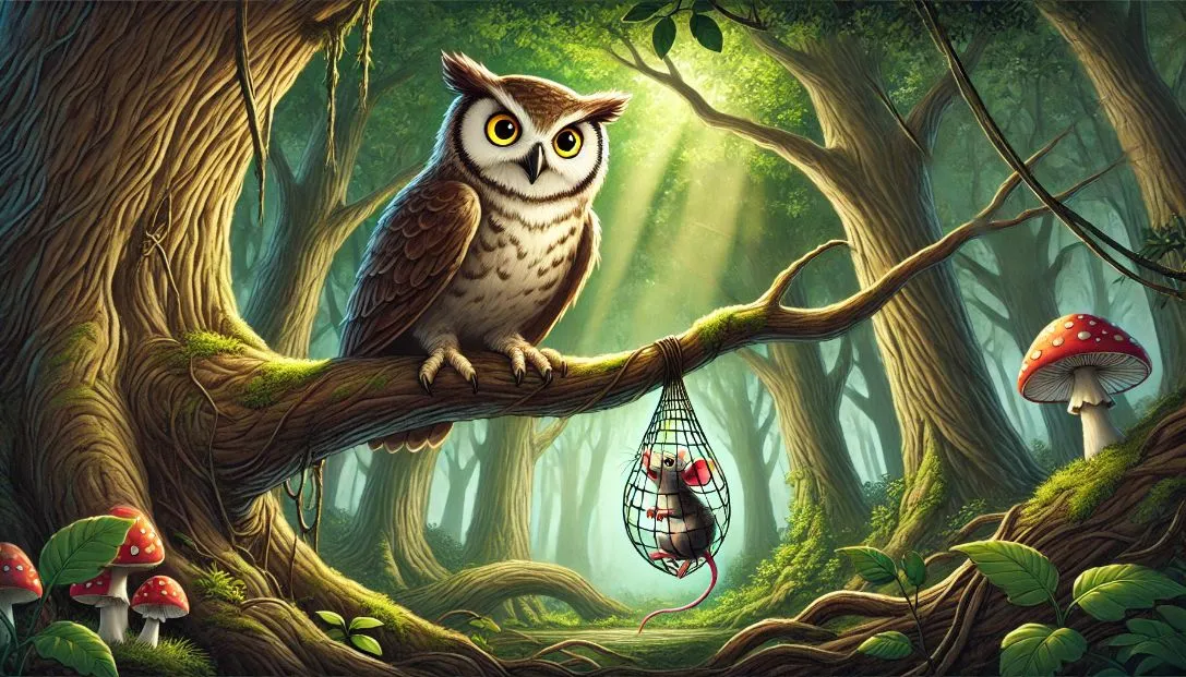 A wise old owl with large golden eyes perched on a tree branch in a dense forest, looking down at a small mouse caught in a net.