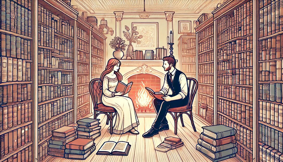 A woman and a man sitting together by a fireplace in an antique bookshop, surrounded by shelves of old books, holding a worn notebook and looking at each other with love and warmth.