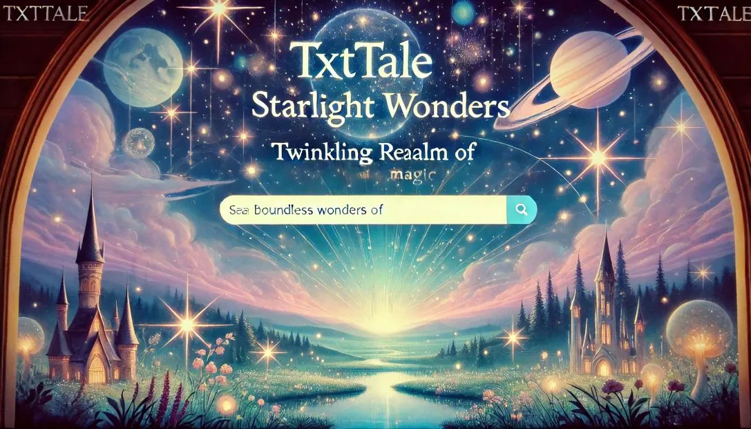 A magical journey through TXTTALE's universe with stars, ethereal landscapes, and enchanting scenes. The scene features a search bar with 'Twinkling Realm of Starlight Wonders