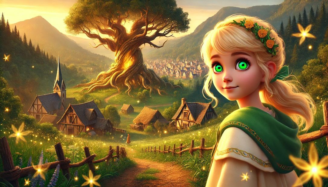 A quaint village nestled between rolling hills and lush forests with a young girl named Elara standing before an ancient, glowing tree in a magical forest clearing filled with fireflies.