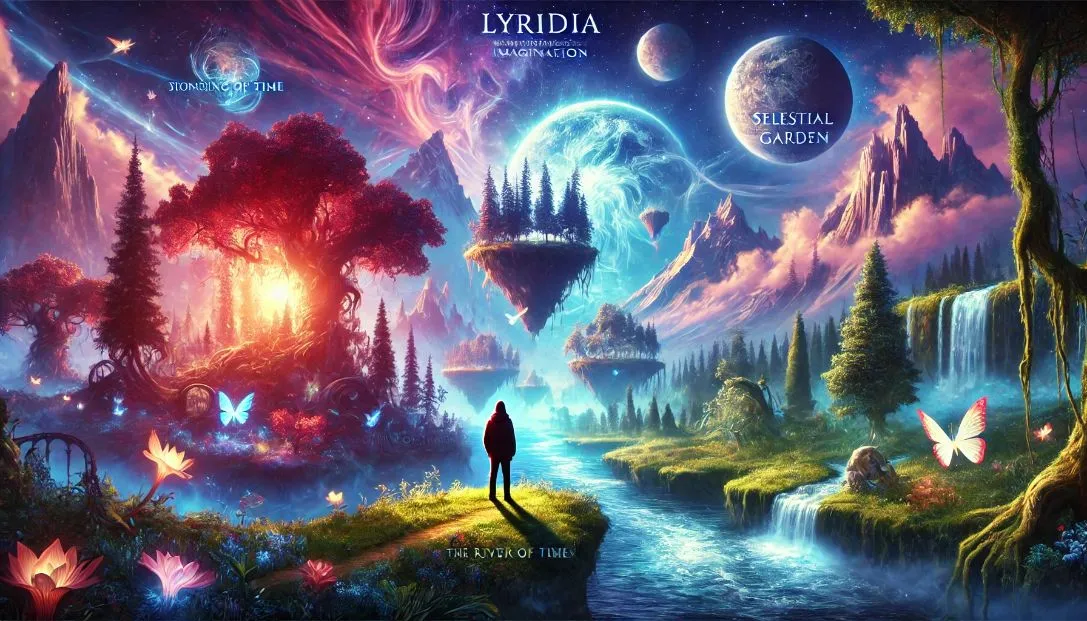 Lyridia, a planet of boundless imagination with glowing forests, floating islands, the River of Time, the Singing Mountains, and the Celestial Garden. A person stands in the Celestial Garden, feeling a connection to the beauty and mystery of Lyridia.