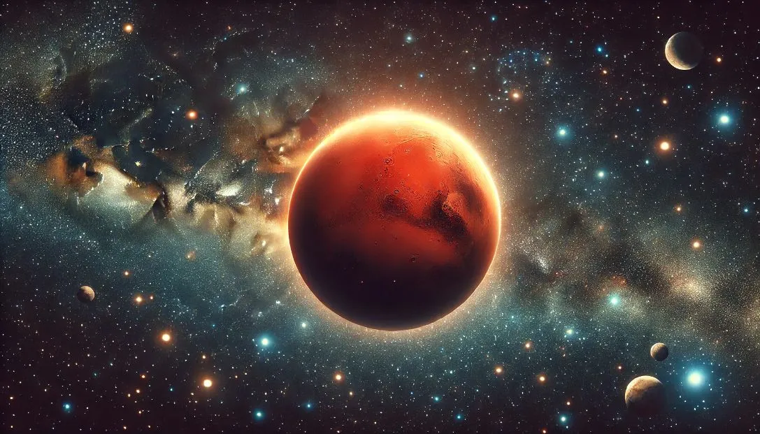 An illustration of Mars, the Red Planet, glowing brightly in the vastness of space. The planet's rusty red color contrasts against the deep black of space, surrounded by twinkling stars