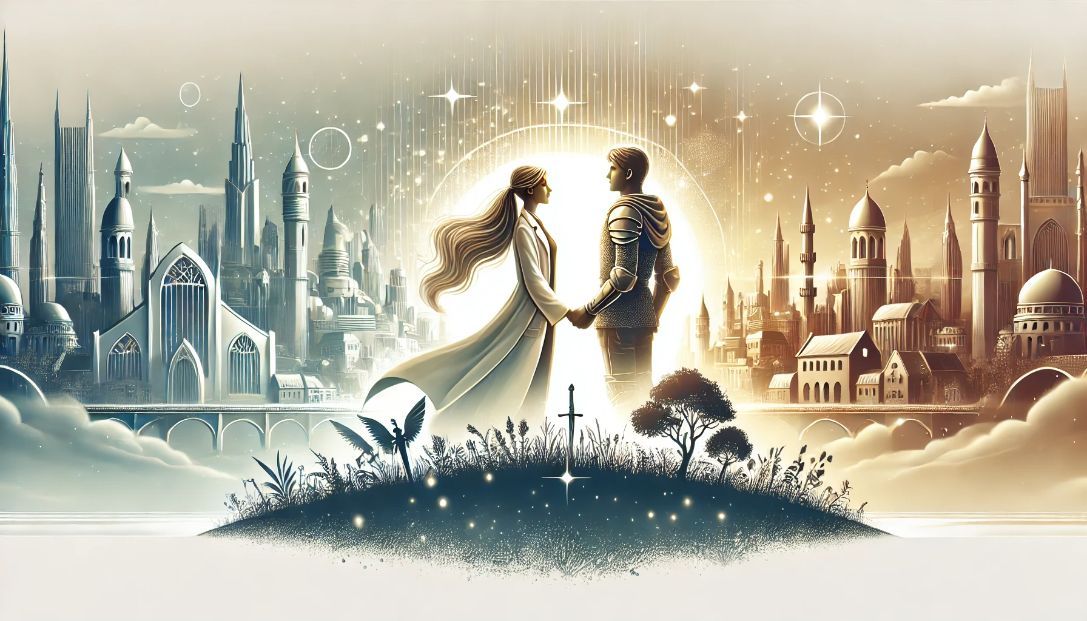 A woman scientist from the future and a medieval knight standing together on a hill, holding hands and gazing into each other's eyes, with a cityscape combining futuristic and medieval architecture in the background.