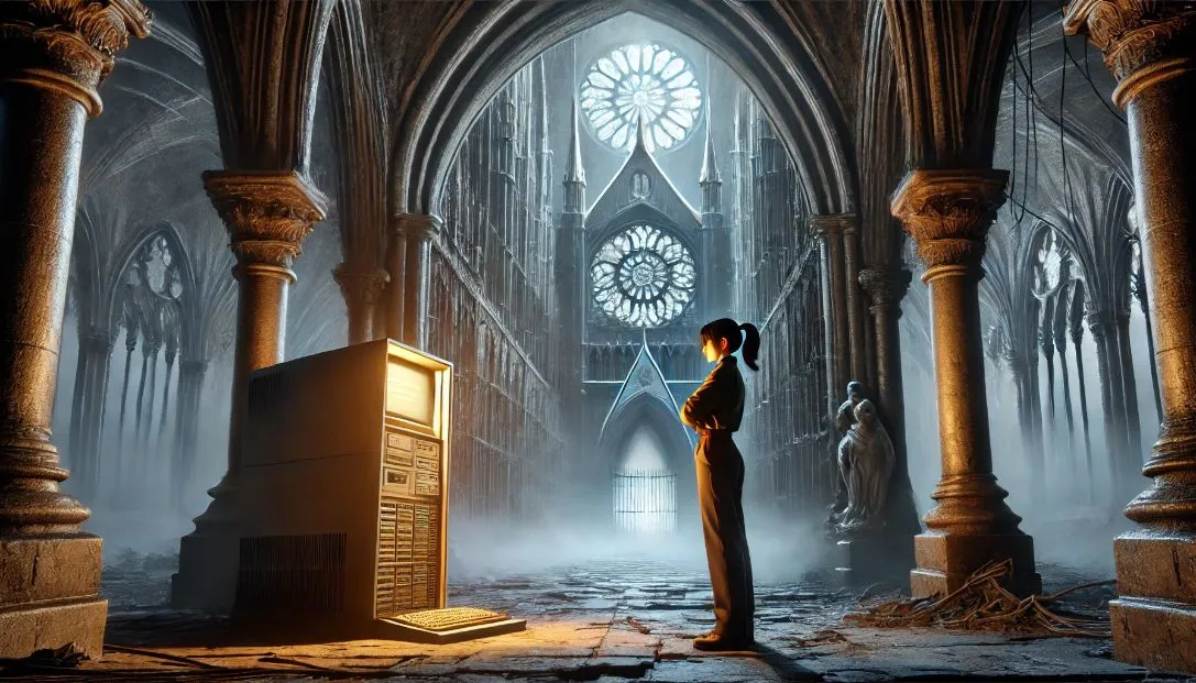 A crumbling Gothic cathedral set in a dark virtual world, with eerie digital shadows and a glowing ancient mainframe. Evelyn Kane, a programmer, stands at the entrance, looking intrigued and ready to explore.