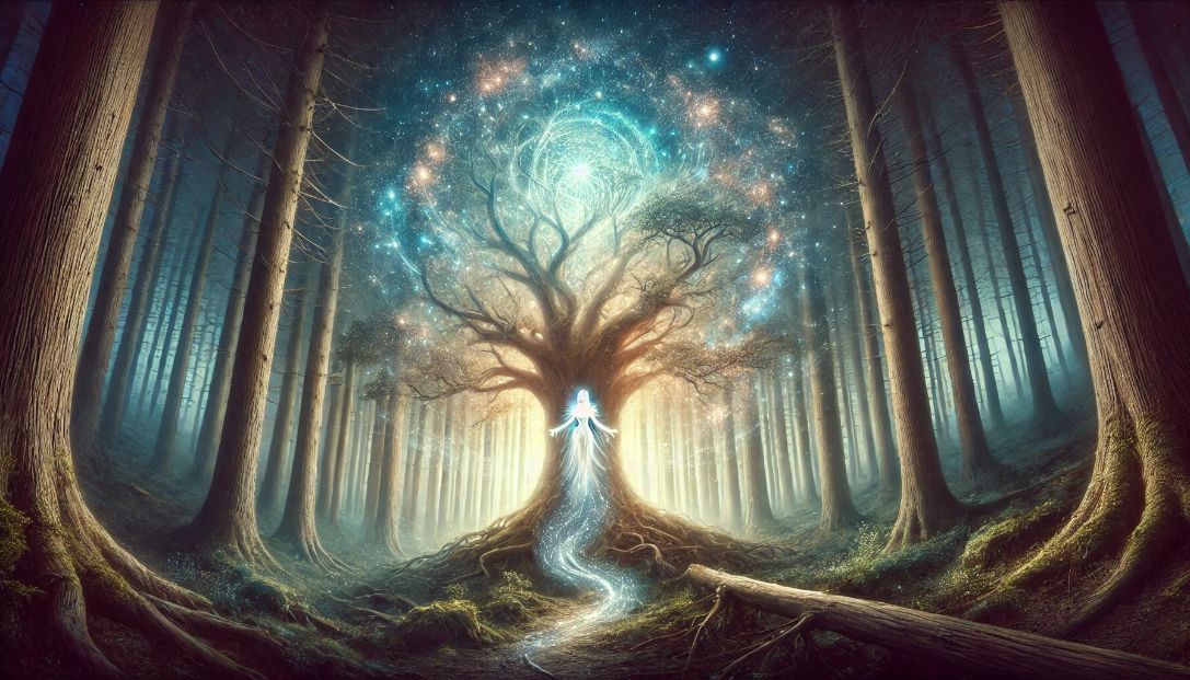 A timeless forest with the ancient Tree of Lumina at its center, glowing with cosmic energy. The forest is bathed in a mix of light and shadow. Lumina, an ethereal being of pure light, emerges from the tree