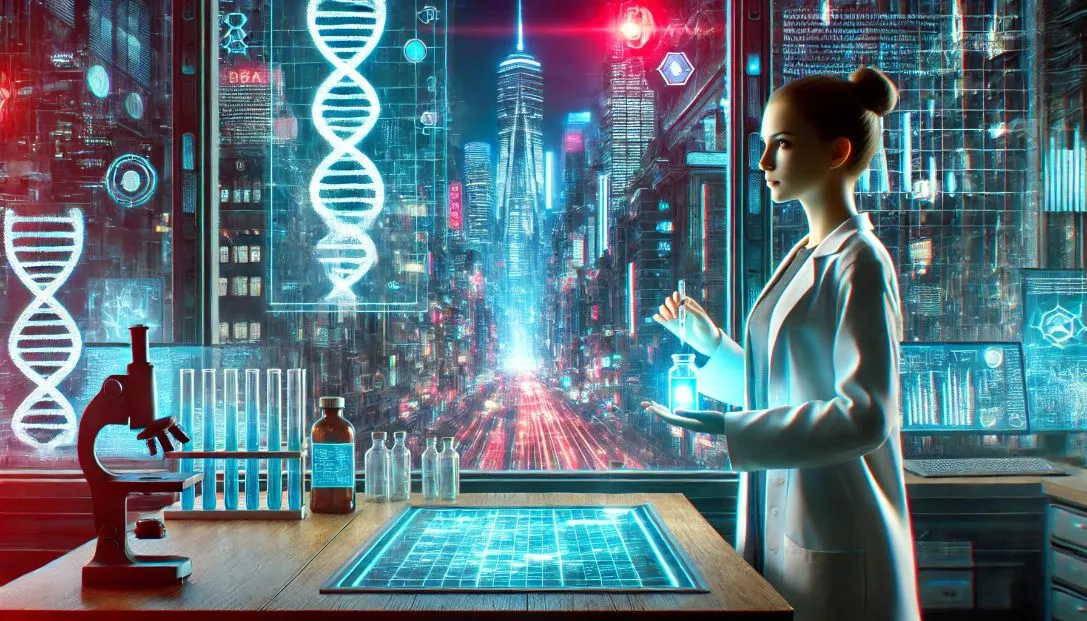 A high-tech lab in a neon-lit city, Dr. Elara Quinn with a glowing serum.