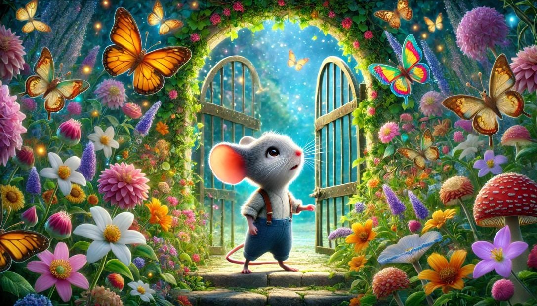 A brave little mouse named Max stands at the entrance of a hidden garden, surrounded by vibrant flowers and magical creatures. The gate is covered in ivy, and Max looks amazed as he steps into the enchanting garden