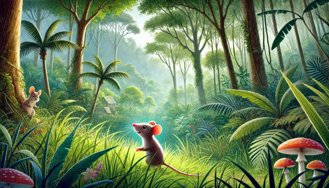 Milo the mouse scurrying through a dense jungle, with tall grass and towering trees, alert and curious as he explores.