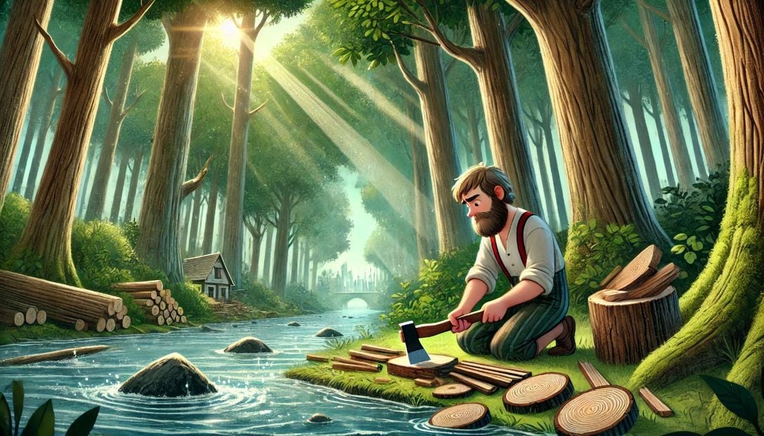 Jack the woodcutter chopping wood by a peaceful river in an enchanted forest, looking worried as his axe falls into the water.