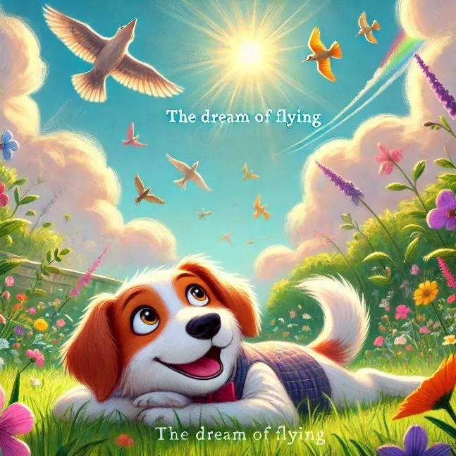 The Dream of Flying - A cheerful dog named Benny lying on his back in a sunny garden, watching birds soar through the sky. His eyes are wide with wonder, and colorful flowers surround him, creating a dreamy, whimsical atmosphere.