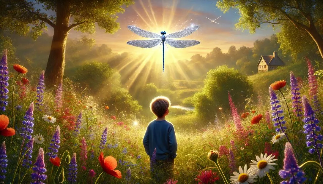 Leo stands in a picturesque meadow filled with vibrant wildflowers, watching a shimmering Silver Dragonfly with glimmering wings. The scene is bathed in warm sunlight, creating a magical and serene atmosphere.