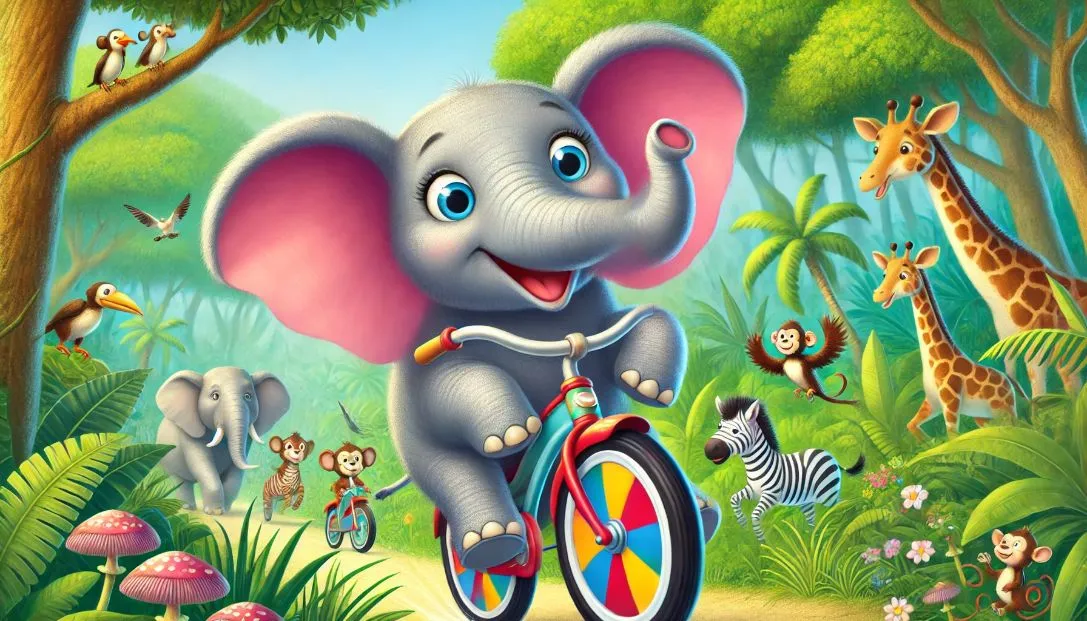 Ellie the Elephant riding a colorful bicycle through a vibrant jungle, with her ears flapping in the wind. Monkeys clap from the treetops, birds fly alongside, and zebras smile from the path