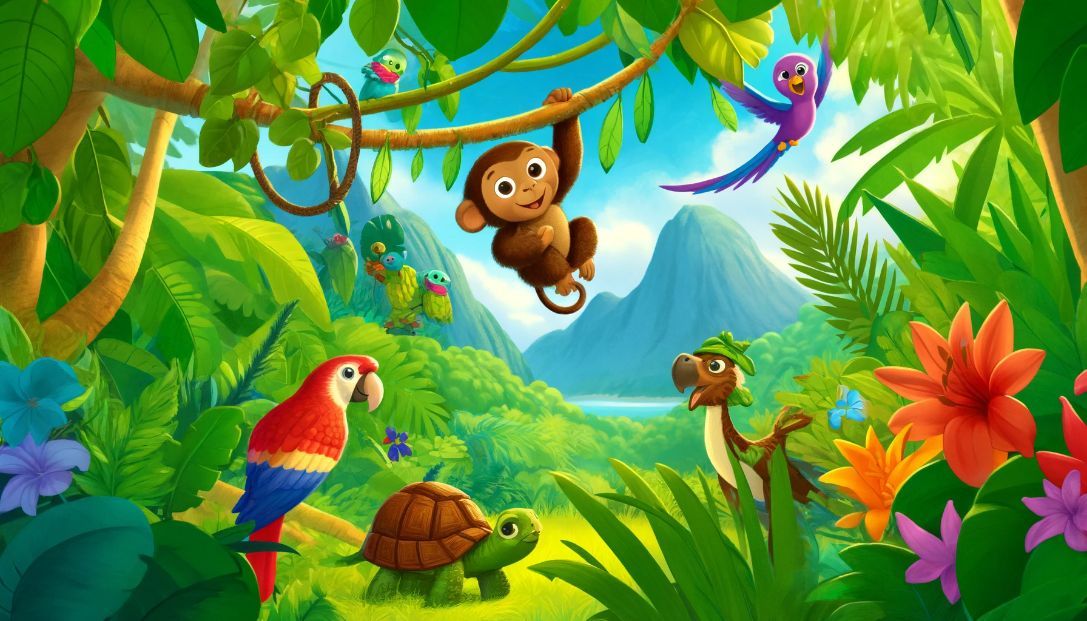 A lush jungle with Max the Monkey swinging from a vine, surrounded by his friends: Lila the parrot, Benny the squirrel, and Tilly the tortoise, preparing for an adventure