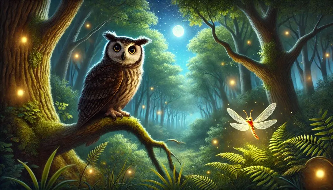 A wise old owl perched on a tall oak tree in a lush, enchanted forest at night, with a bright firefly named Fia fluttering nearby.