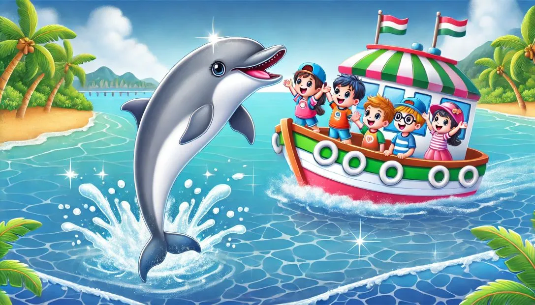 A playful dolphin named Dolly leaps joyfully out of the sparkling blue water near a colorful boat. The boat is filled with children who are laughing and waving at Dolly, their faces full of delight and excitement.