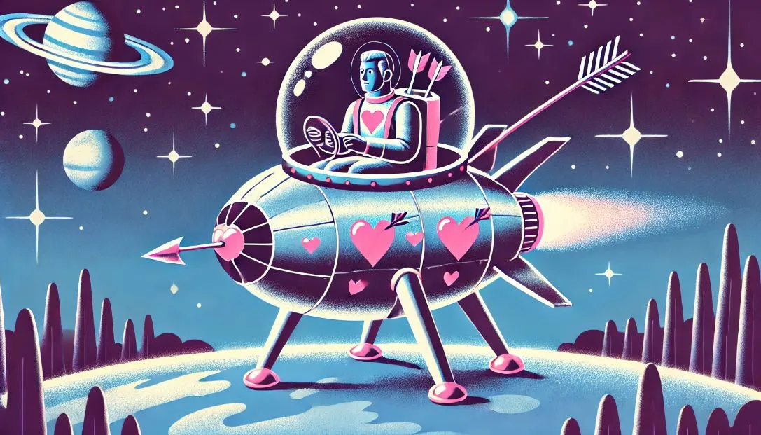 Cupid, a celestial being, boarding a sleek spacecraft named Cupid's Arrow, with heart-shaped designs, ready to take off from Earth. The starry sky surrounds the spacecraft