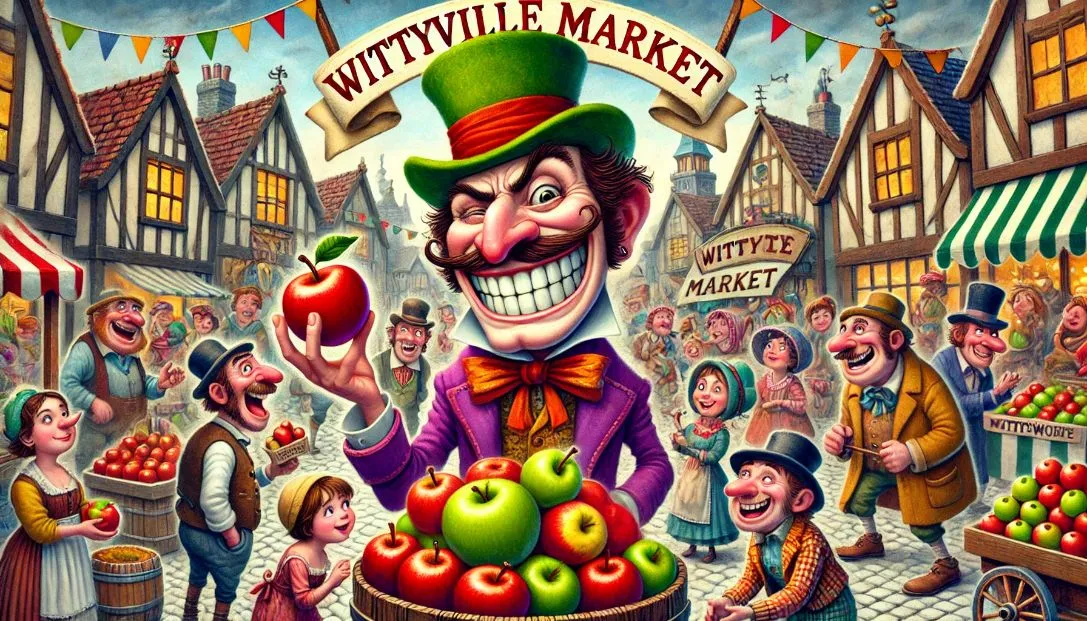 A bustling market in Wittyville with the witty merchant Punsworth holding apples, surrounded by laughing people.