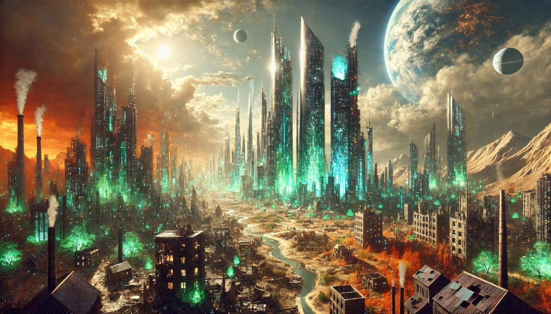 The year is 2145, and a towering city of Solara made of bioluminescent glass skyscrapers contrasts sharply with the decaying ruins of the old world. The wealthy elite live in eco-friendly, solar-powered cities.