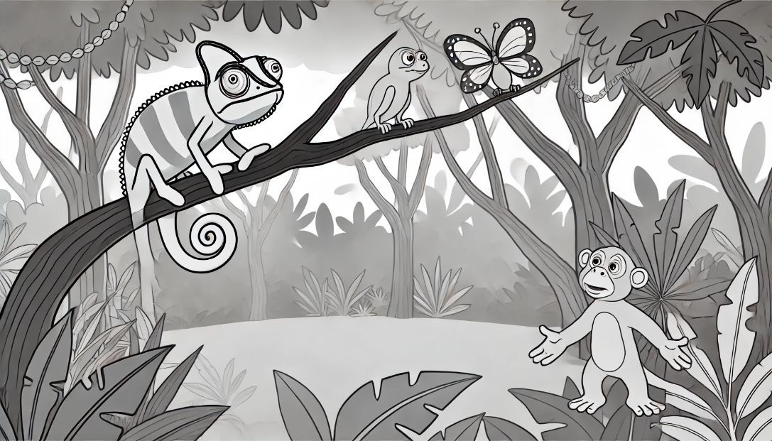 A vibrant jungle turned gray, with Charlie the Chameleon looking concerned. His friends Maya the monkey, Bella the butterfly, and Toby the toucan are nearby, showing their surprise and worry.