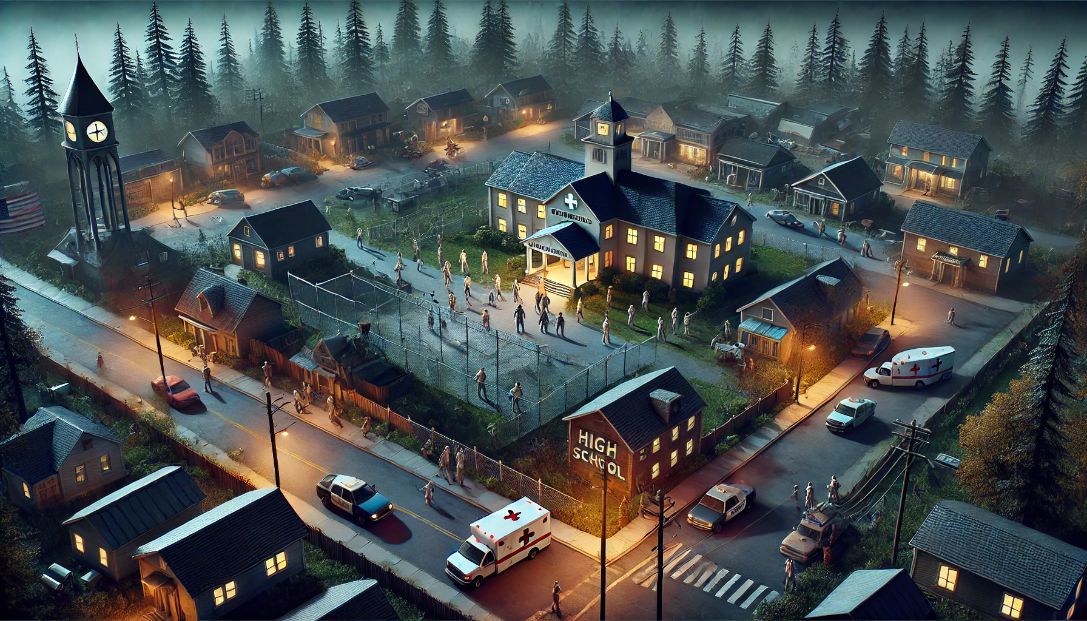 The town of Silverwood at dusk, with zombies emerging from a hospital and survivors preparing defenses near a high school.