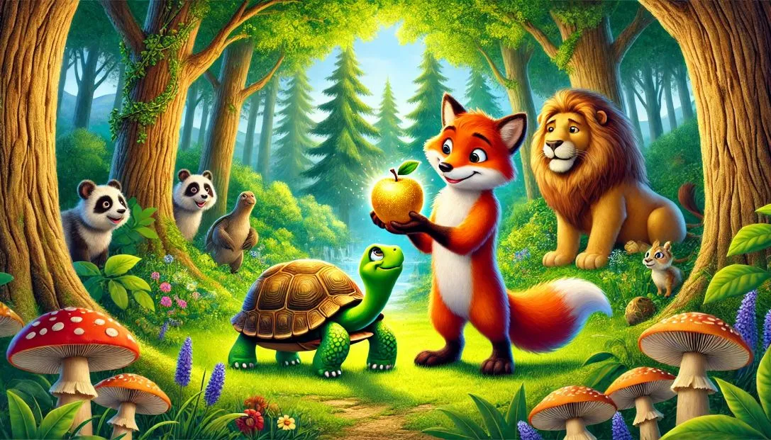 A fox and a tortoise stand together holding a golden apple in a lush green forest. Nearby, other animals watch in amazement, and a proud lion observes the scene.