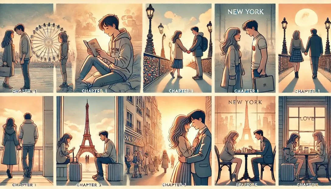 Illustrations of a long-distance romance story: meeting on a bridge, separation at an airport, exchanging letters, struggles apart, reunion on a bridge, planning future in an apartment, and reading old letters together