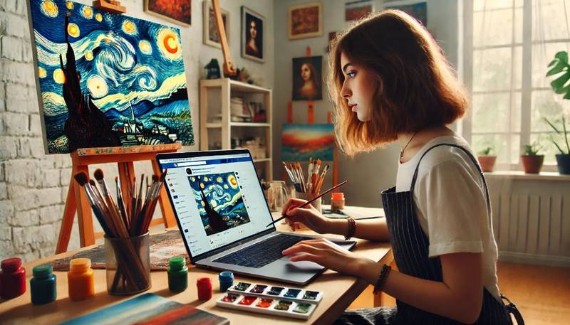 Mia, a young woman with shoulder-length hair, sits at her desk, scrolling through a Facebook group called "Artists United." Her laptop screen displays a beautiful landscape painting by Noah.