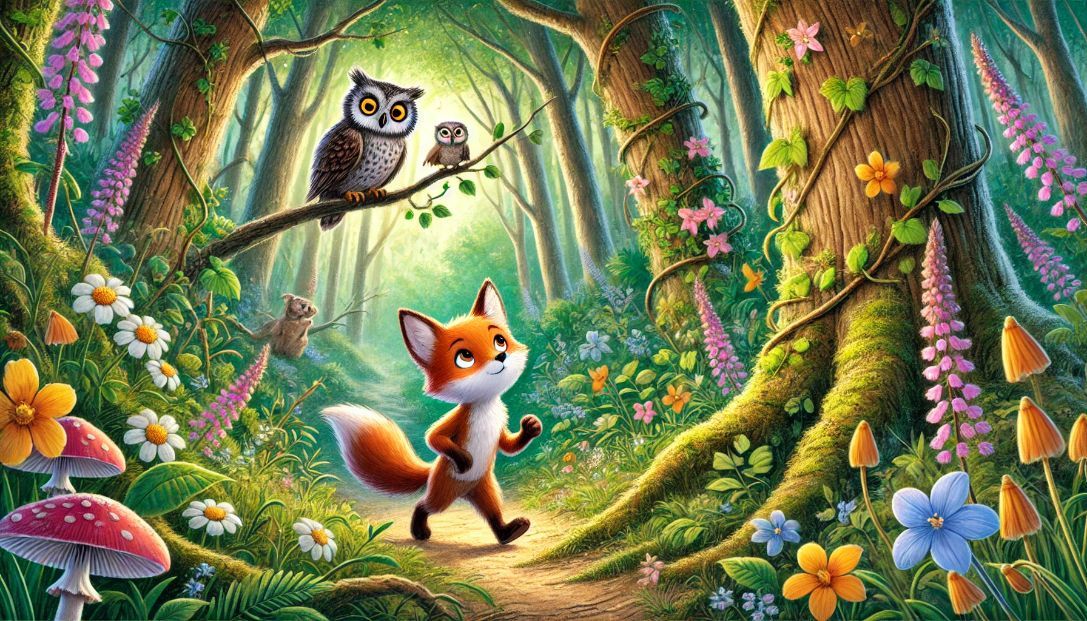 Curious fox Felix exploring a magical forest with a wise owl.