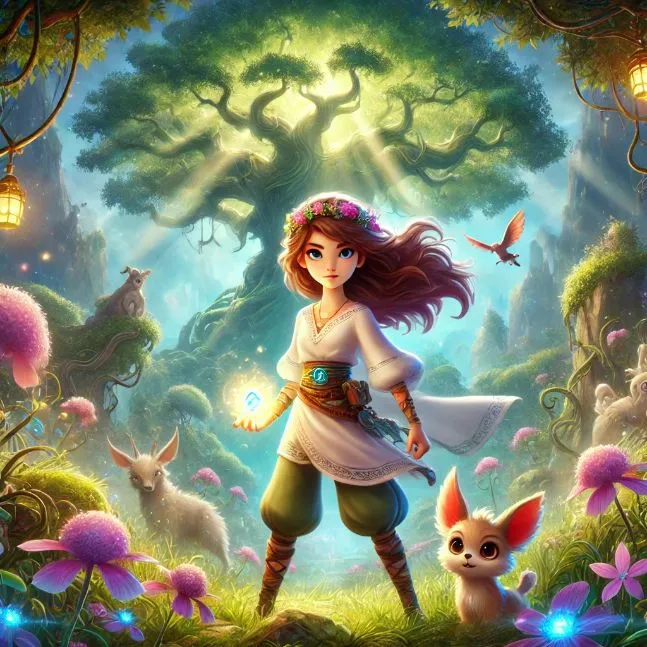 Princess Elara standing in an enchanted forest, surrounded by mystical creatures and glowing flowers, holding a glowing gem.