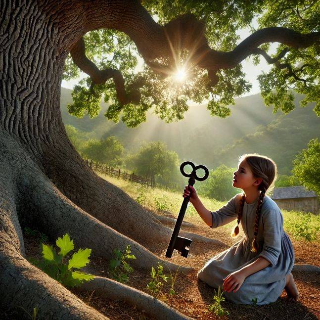 A young girl named Lily with braided hair kneels near a massive oak tree, holding a rusty key. Sunlight filters through the leaves, casting dappled shadows on the ground.