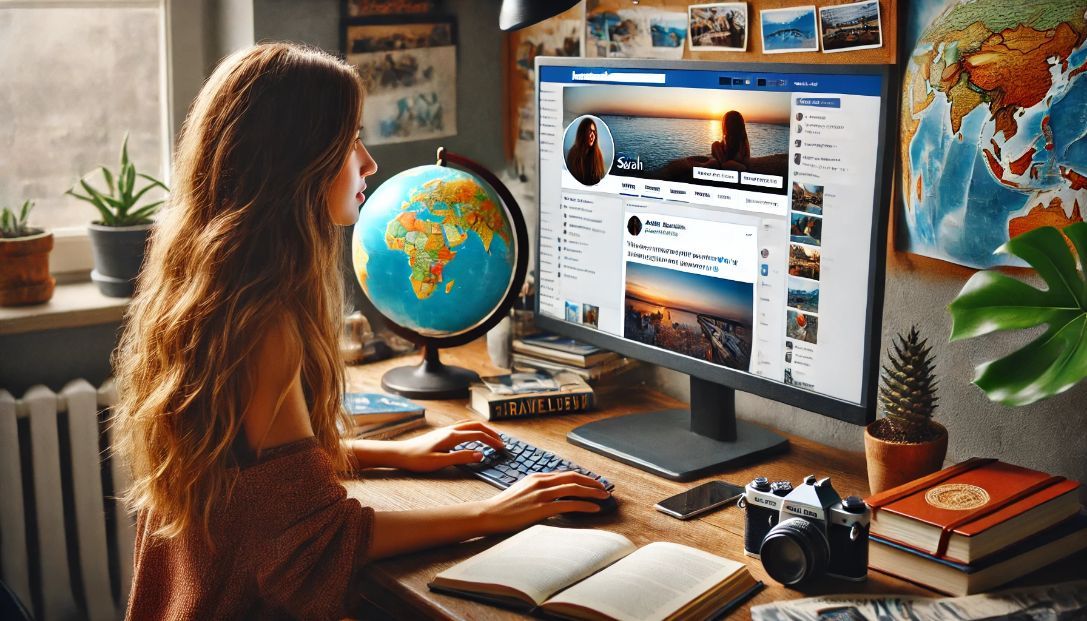 Sarah, a young woman with long hair, is sitting at her desk, looking at her computer screen displaying her Facebook page, &quot;Wanderlust Chronicles.&quot; The screen shows vibrant travel photos and a thoughtful comment from Alex.