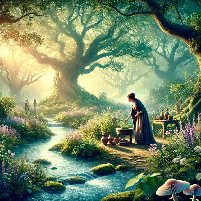 Airmid tending to her enchanting garden in ancient Ireland, filled with magical herbs and plants, surrounded by tall oaks and a clear, sparkling stream, bathed in ethereal light.