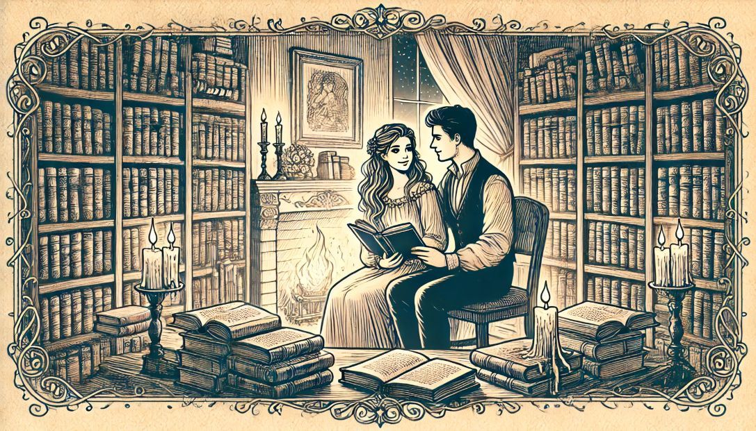 A woman and a man sitting together by a fireplace in an old library, surrounded by shelves of ancient books, holding a leather-bound journal and looking at each other with love and warmth.