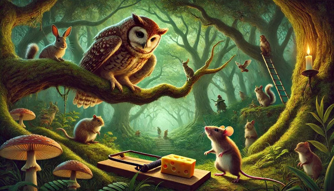 An old owl named Olivia frees a young mouse named Max from a trap in a dense forest, with other animals watching.