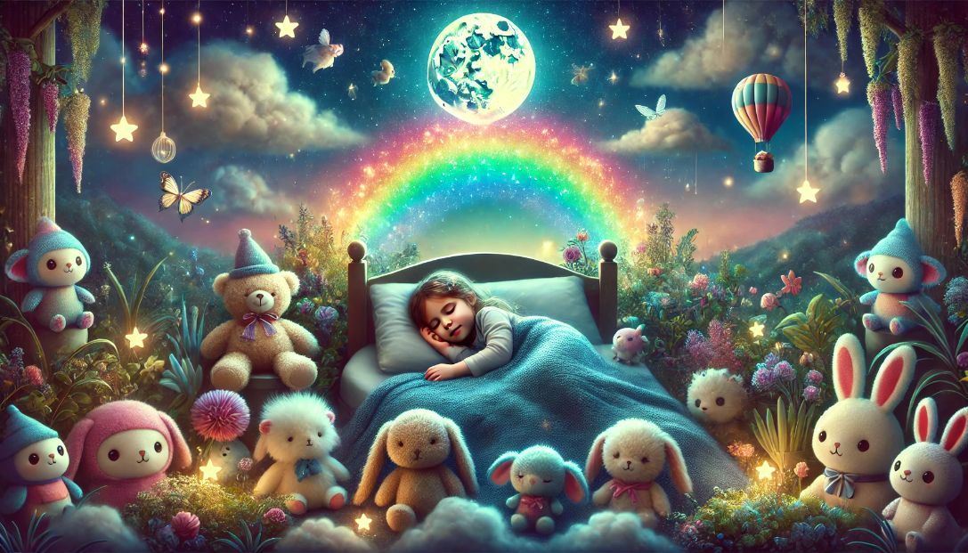 Sleeping child in a cozy bed surrounded by plush toys under a starry night sky with a glowing moon and a rainbow overhead, creating a serene and whimsical scene.