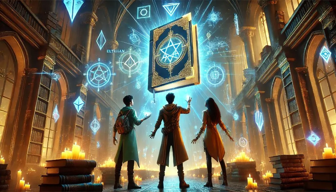 Aiden, Aria, and Elysian discover the Arcane Codex, a book glowing with a fusion of magic and advanced technology. They stand in an ancient library filled with floating holographic symbols and futuristic artifacts, marveling at the Codex’s secrets.