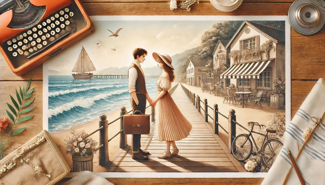 Romantic reunion in a seaside town with a man and woman on a boardwalk by the ocean, capturing the essence of rediscovered love.