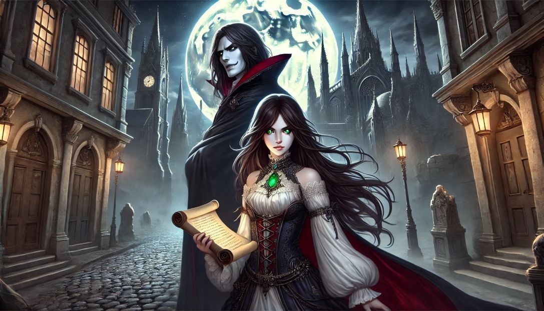 Noble vampire and human girl in an ancient city under the Blood Moon