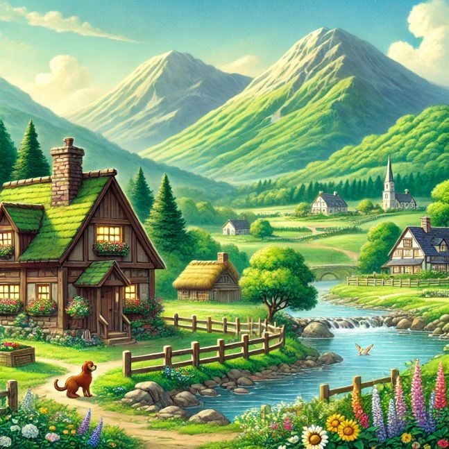 A quaint village nestled between verdant hills and a sparkling river. In the center, a humble house where a young boy named Arin lives with his loving family. The scene is peaceful, with blooming flowers and clear blue skies.