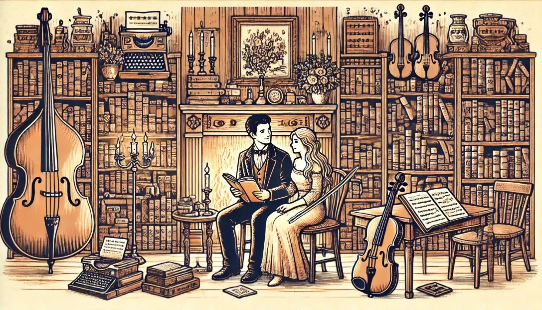 A woman and a man sitting together by a fireplace in an antique bookshop, surrounded by shelves of old books and musical instruments, holding a worn notebook and a violin, looking at each other with love and warmth.