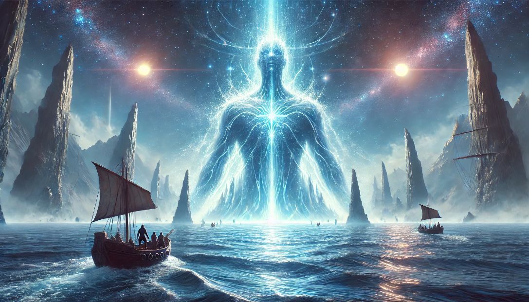 A wide fantasy scene showing a massive cosmic water sculpture rising from Valtara's ocean. The sculpture, made of water and stardust, towers over the crew of the Odyssey, communicating through ripples in the water.