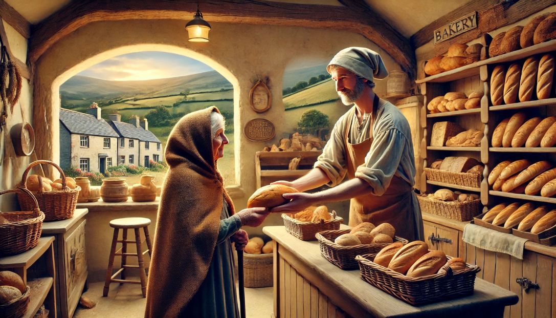 Ben the kind-hearted baker hands a loaf of bread to an old woman in a tattered cloak inside his warm and inviting bakery, with fresh bread on display.