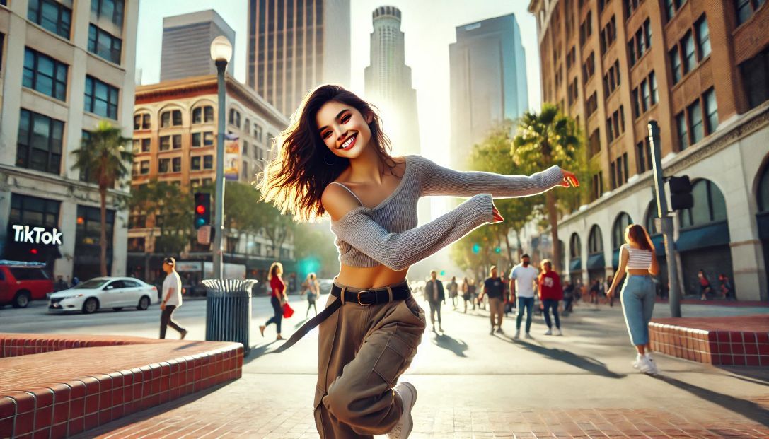 Mia Castillo dancing joyfully in a sunlit urban park in Los Angeles, surrounded by the lively atmosphere of the city. Her graceful movements and captivating smile